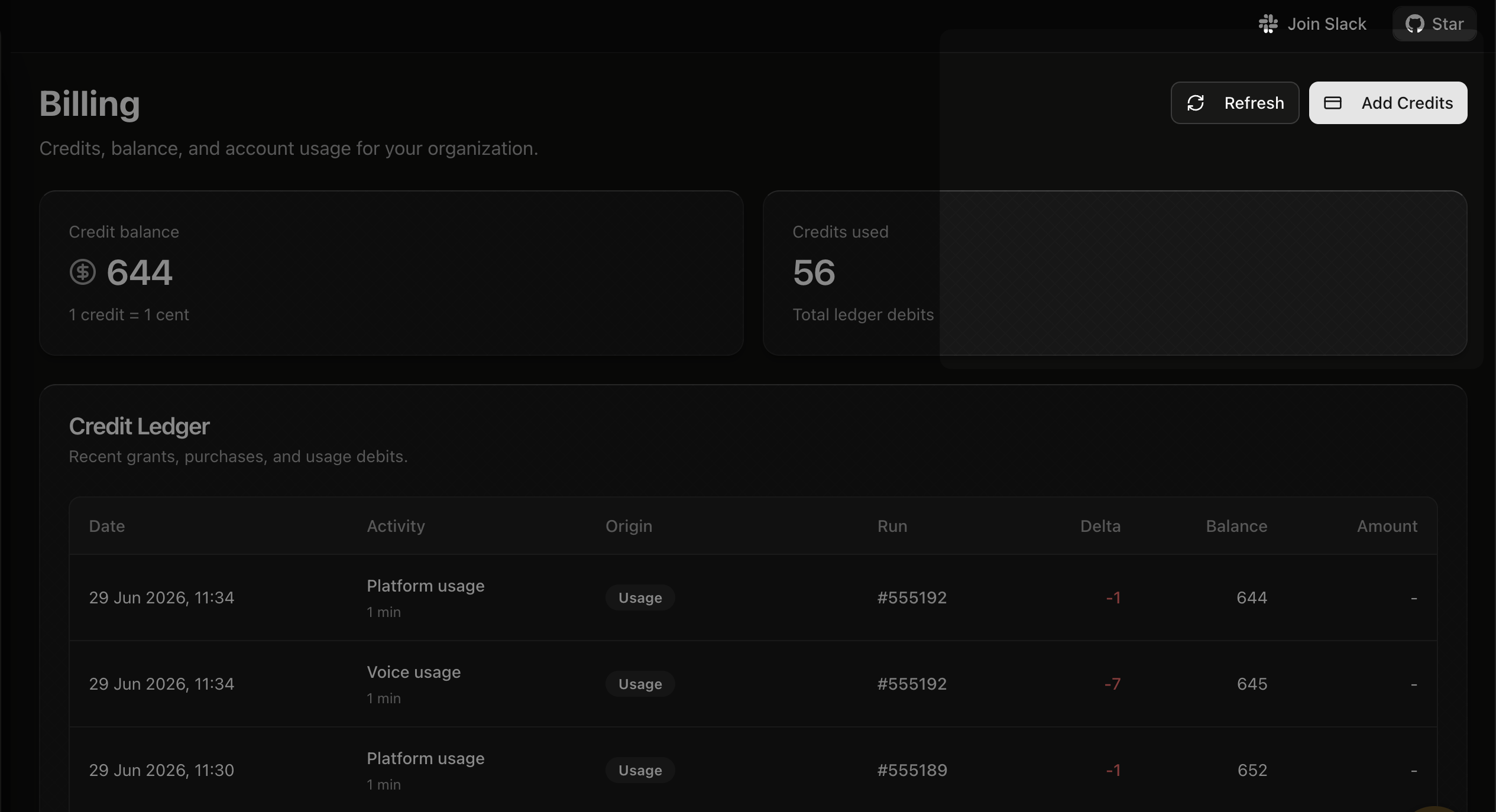 Add credits screen on Dograh Cloud billing