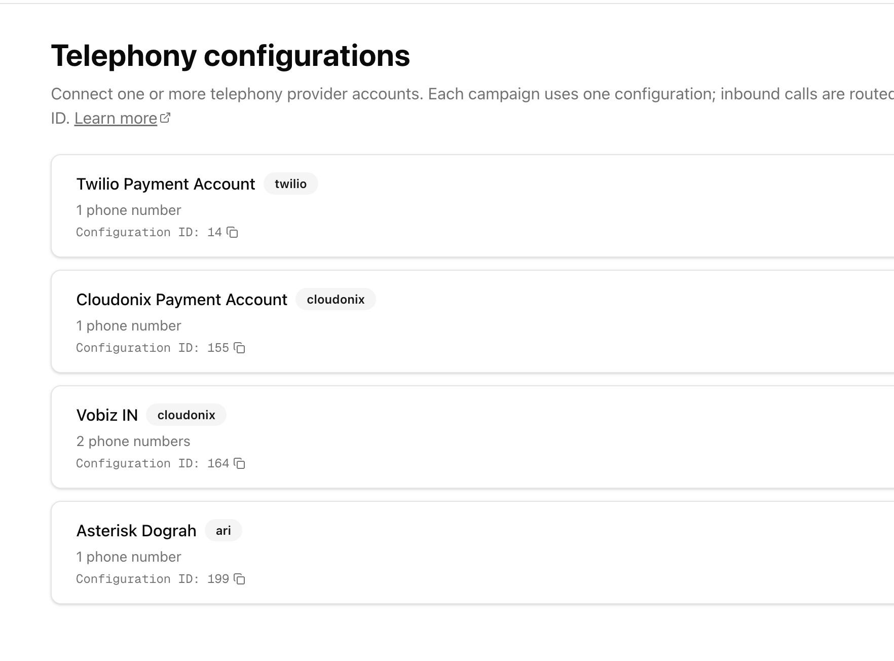 Central telephony settings page in Dograh with multiple providers and numbers assigned to different agents